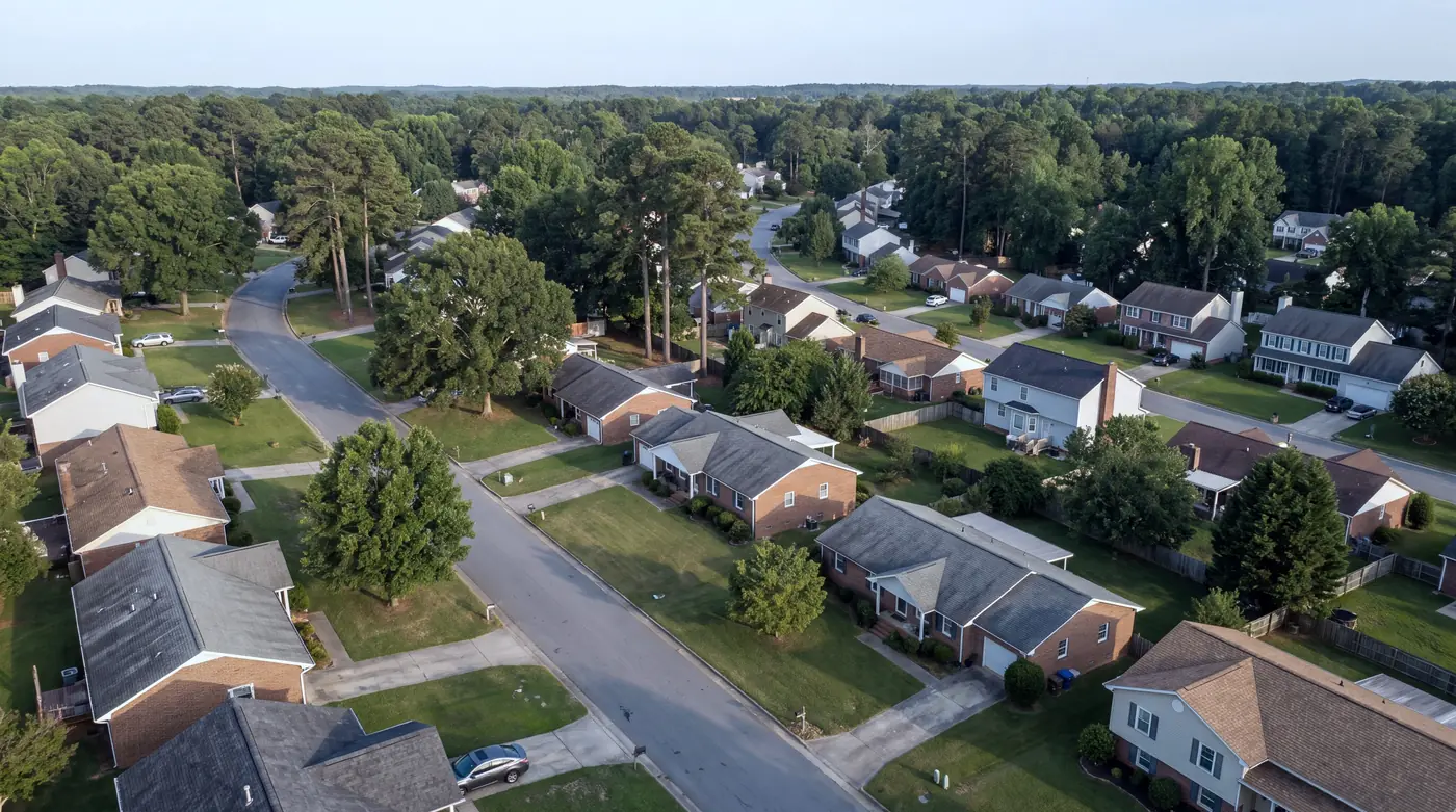Illustration: aerial view of a central North Carolina neighborhood of shingle roofs