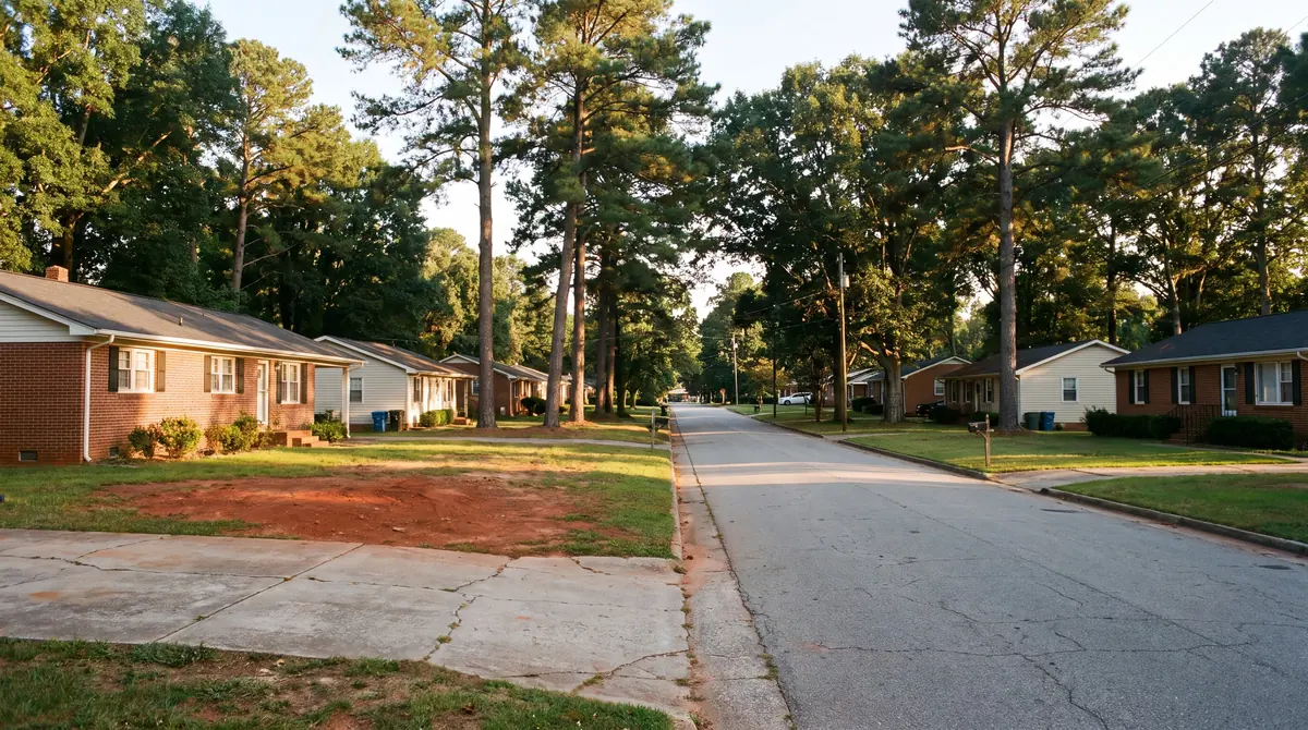 Illustration: a tree-lined North Carolina street of ranch homes with asphalt roofs