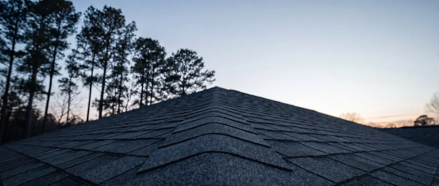 Illustration: the ridge of an asphalt shingle roof at dusk with pines behind