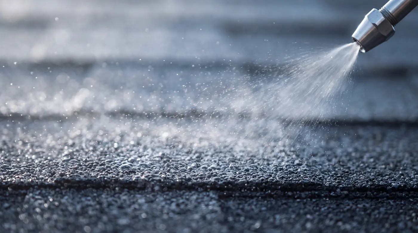 Illustration: fine spray mist settling onto asphalt shingle granules
